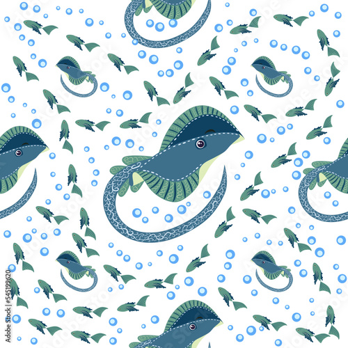 Batomorphi sea life, fish, animals bright seamless pattern. sea travel, snorkeling with animals, tropical fish