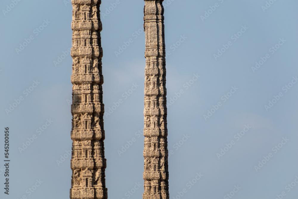 Detail of ornate stone pillars in the tourist site of Pondicherry.