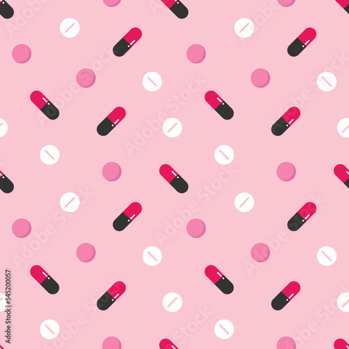 Pink vector seamless pattern background with food supplements, pills, medications.
