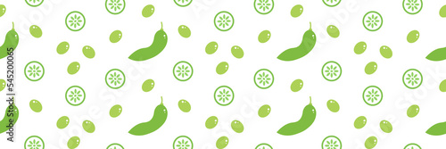 Wide horizontal vector seamless pattern background with edamame, green soy beans and cucumber slices for green salad, food design.
