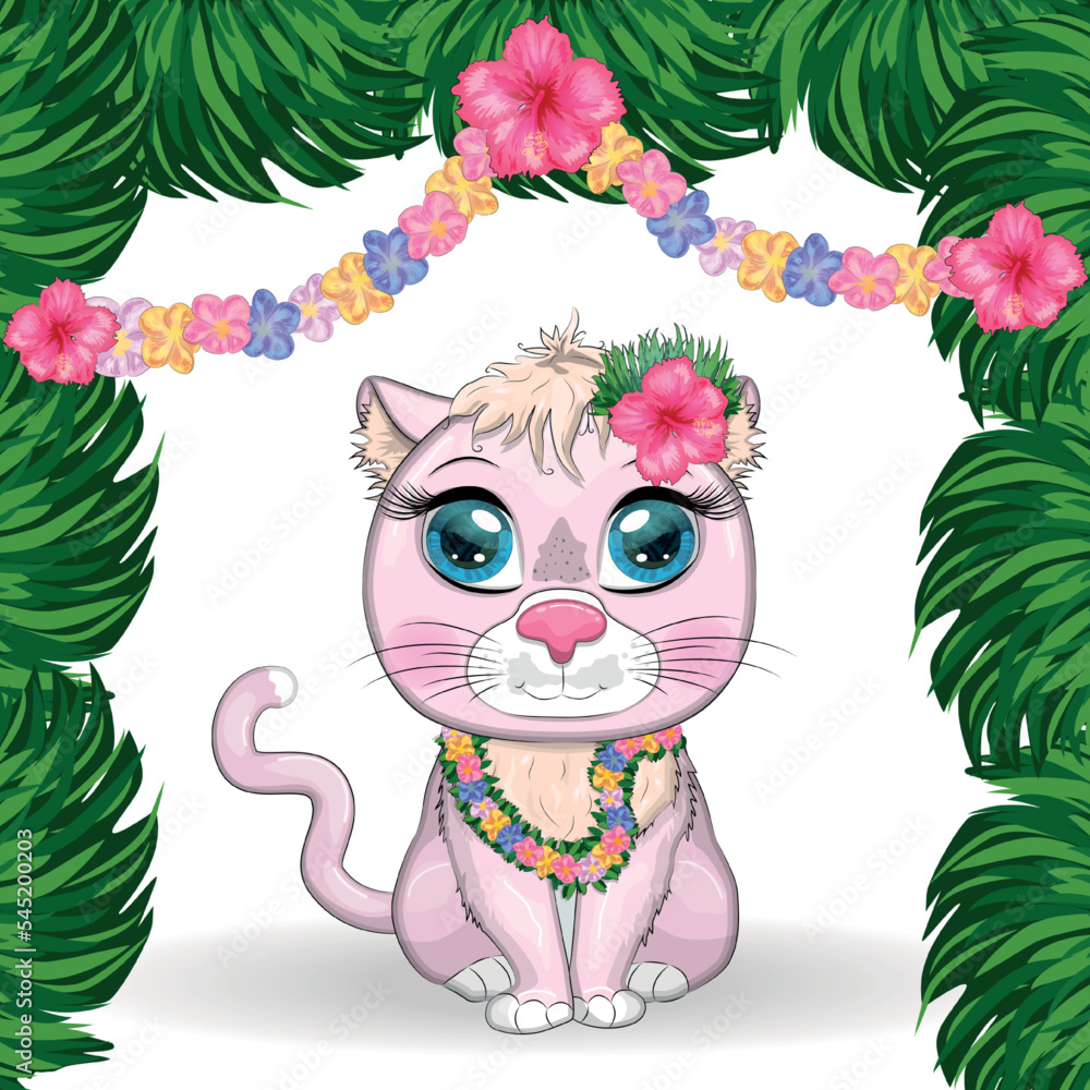 Obraz premium Cartoon cat dressed as a hula dancer under the ukulele, Hawaii. Summer, vacation. Cute child character, symbol of 2023