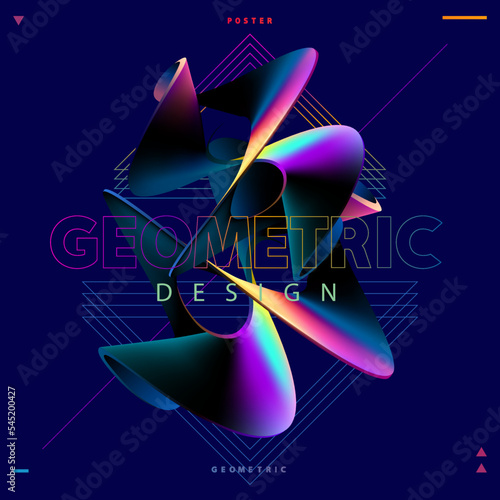 3D iridescent geometric shape. Abstract poster design with swirling twisted lines.