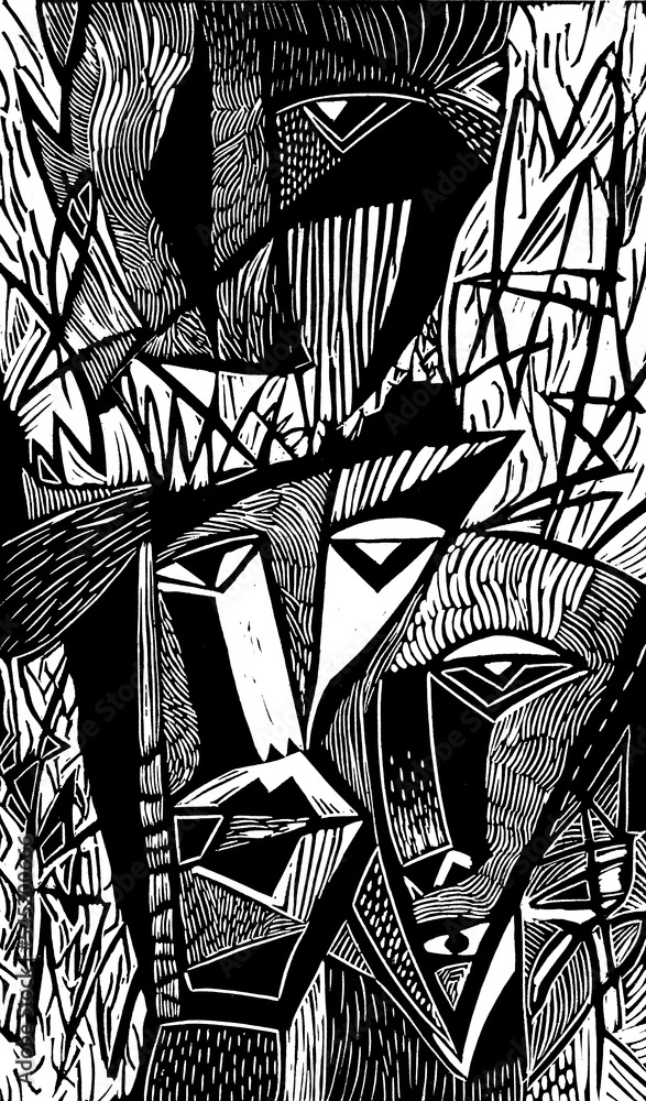 Naklejka premium Linocut heads