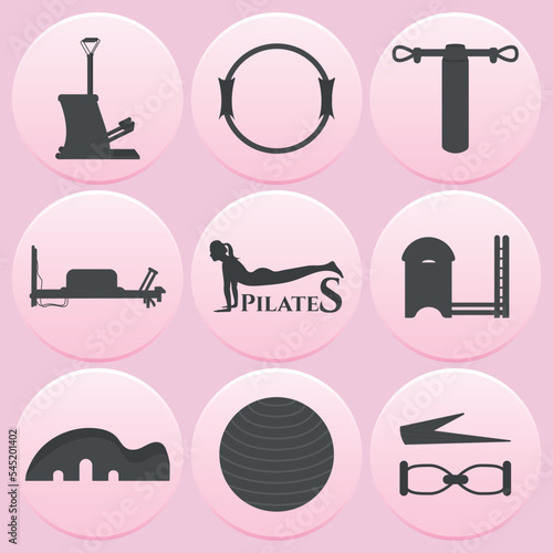 Pilates, pilates exercise machines, icons, badges, stickers