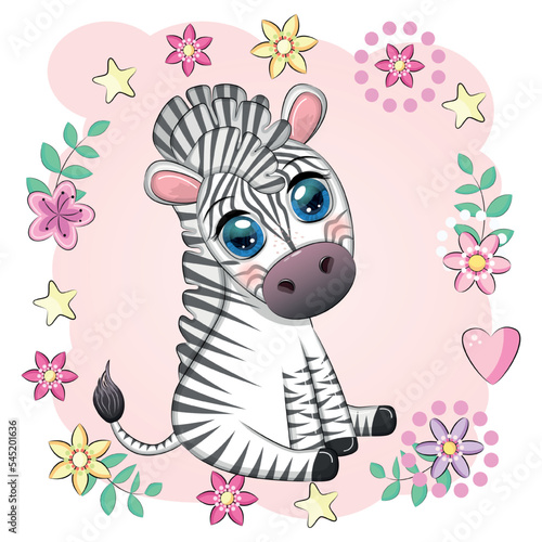 Cute cartoon zebra sits in flowers. Childish striped character  African animals