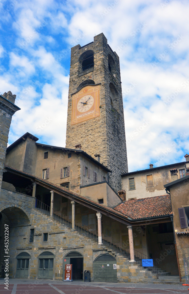 View of the Campanone (bell tower) in Piazza Vecchia, Bergamo Alta. 
