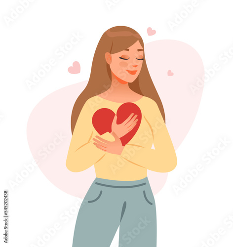 Self love concept. The girl embraces the heart. Mental health. Cartoon vector illustration