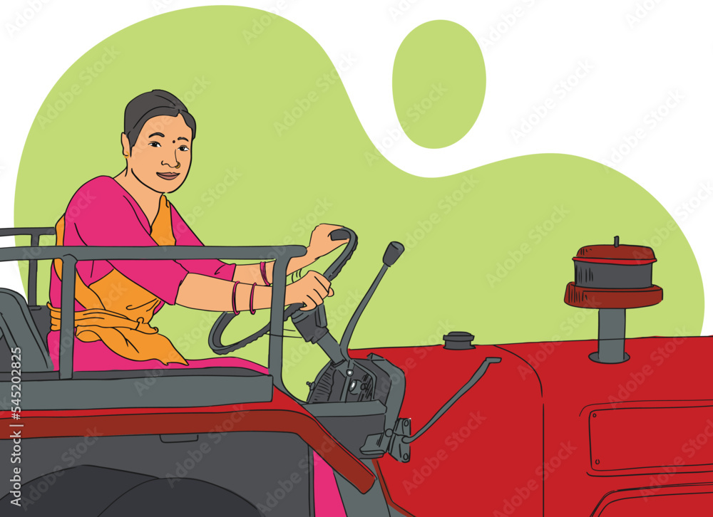 indian women farmer driving tractor and trailer through agriculture