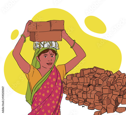 Smiling Indian Women carrying a house bricks on her head. She is working on a construction site. happy with work and supporting indian economy.