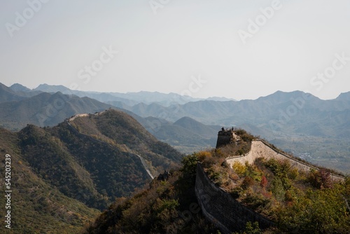 Aerial view of the Great Wall in a beautiful forest in China