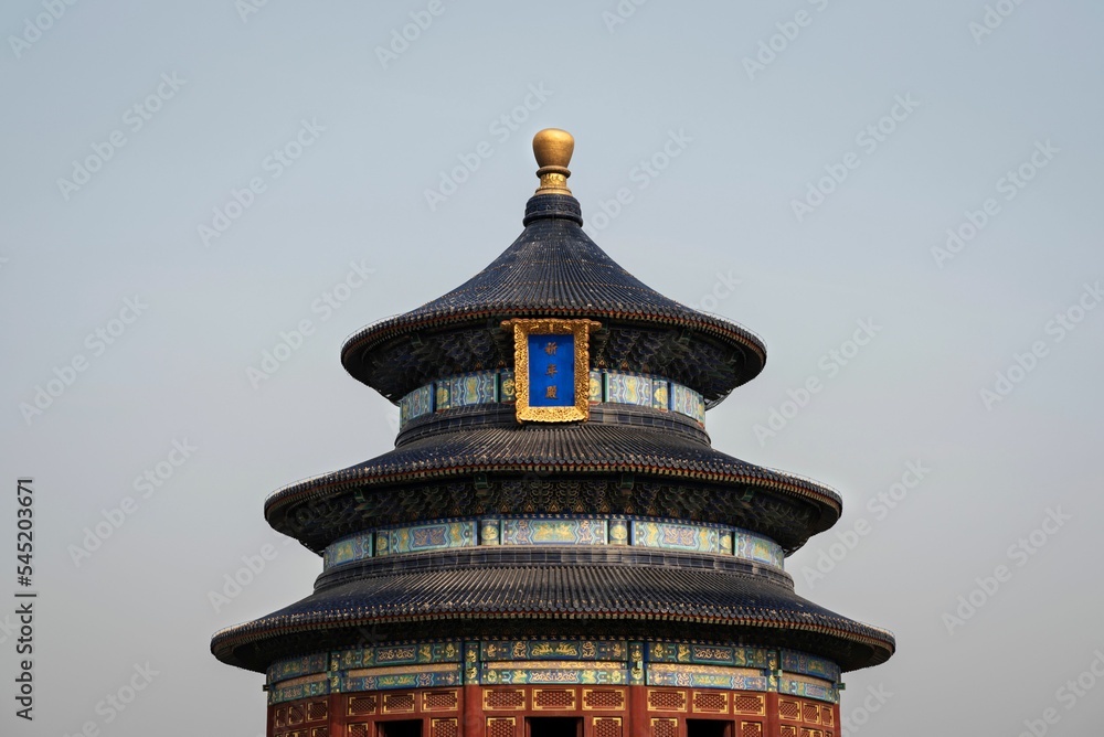 Low-angle view of an ancient temple in China on a sunny day