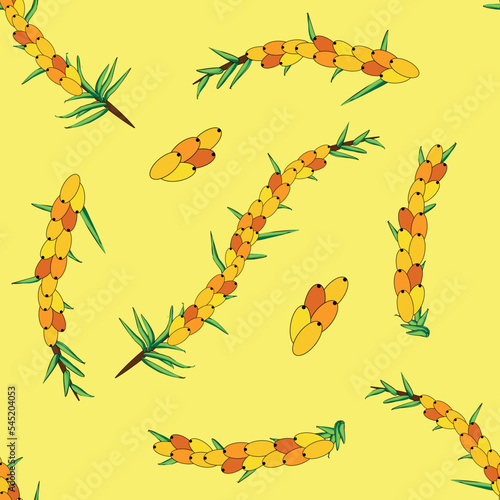Sea buckthorn seamless pattern. Twigs with berries and leaves. Template with orange fresh berries for wallpaper