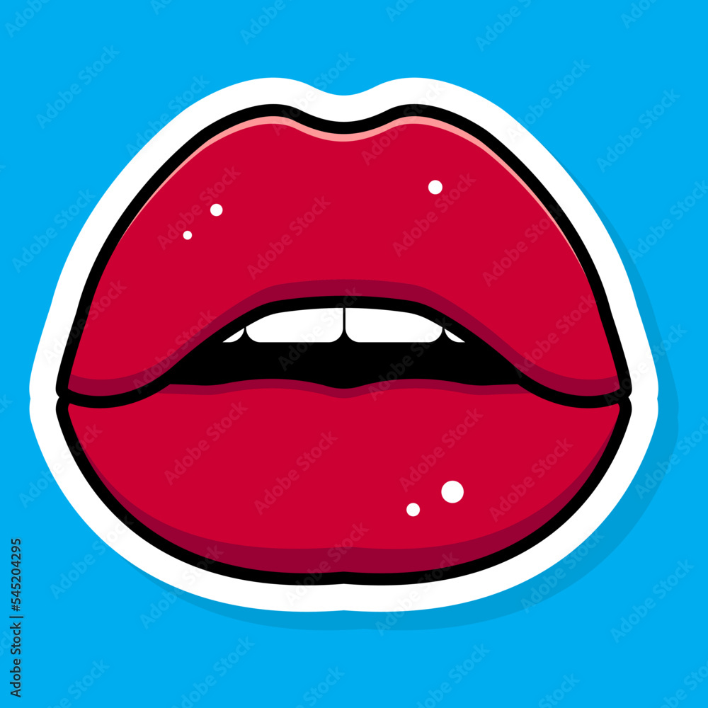 Cartoon sticker of red lips on a blue background. Vector illustration Cartoon sticker of red lips on a blue background. Vector illustration