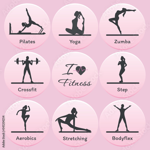 Set, Silhouette of a fitness girl, icons, stickers