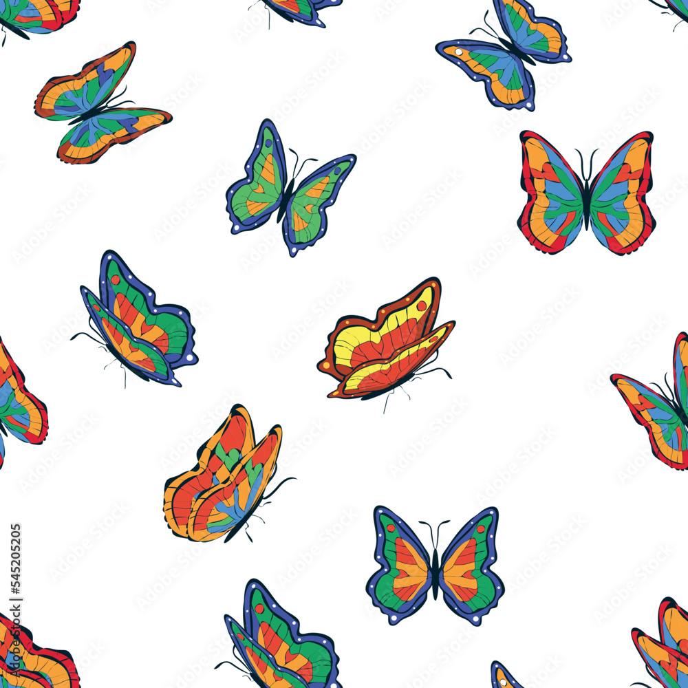 Obraz premium Bright multicolored butterflies seamless pattern. Wallpaper, background, children party, craft paper