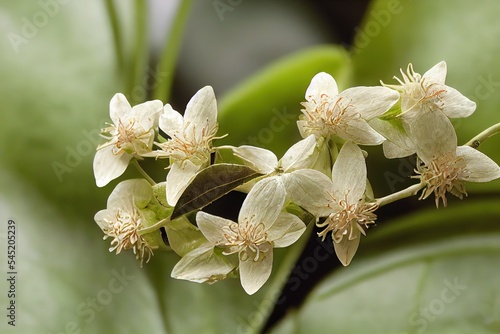 Close up of Banisteriopsis Caapi flowers, one of the Ayahuasca plants. Psychadelic plant from Brazil. Used in indigenous rituals and shamanism. photo