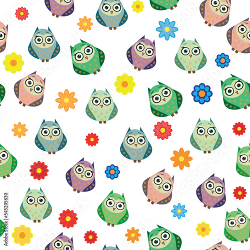 Cute multicolored owls and flowers in cartoon style  childish seamless pattern  newborn. Creative childish background for fabric  textile