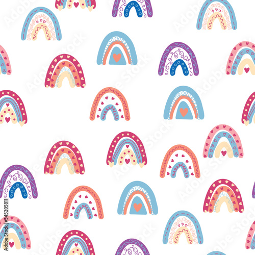 Rainbow seamless pattern in pastel colors. Scandinavian baby hand drawn illustration for textiles and newborn clothes.