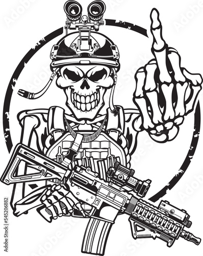 Skeleton shows middle finger wearing military gear and holding assault rifle 