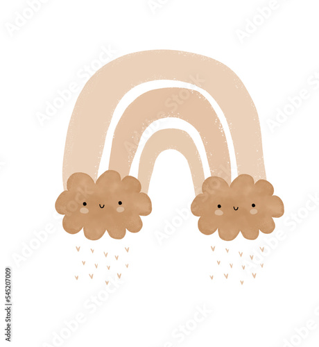 Funny Baby Shower Print ideal for Twins. Simple Childish Style Vector Illustration with Happy Fluffy Cloud. Lovely Nursery Art with Sweet Clouds, Rainbow and Rain of Hearts on a White Background. 