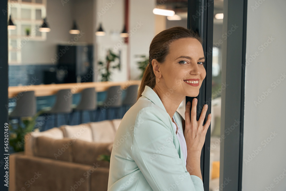 Joyful lady enjoying break during working day Joyful lady enjoying break during working day