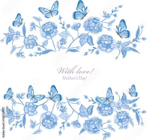 Canvas Print watercolor flowers. floral frame banner with butterflies. vector