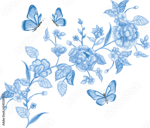 watercolor flowers. design swirl element with butterflies. vecto