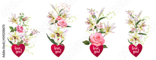 Bouquets for Valentine day congratulations. Roses, lilies, spring blossom on ...