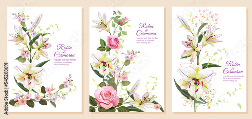 Invitation templates with roses, lilies, spring blossom. Bouquet from pink ap...