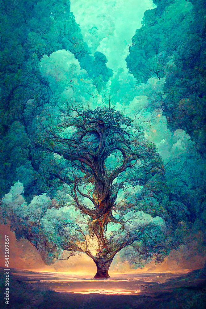 old big green tree with roots, on dry land, tree of earth and life, magic tree.Digital art, nature concept. old big green tree with roots, on dry land, tree of earth and life, magic tree.Digital art, nature concept.