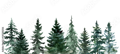 Watercolor evergreen forest background. Nature landscape graphic. Pine trees border.