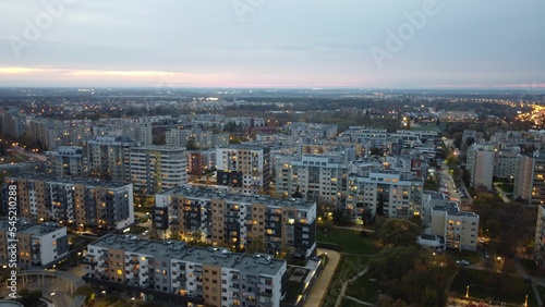 Aerial view of a city panorama of Wroclaw  Poland  during the sunset  with street lights turned on