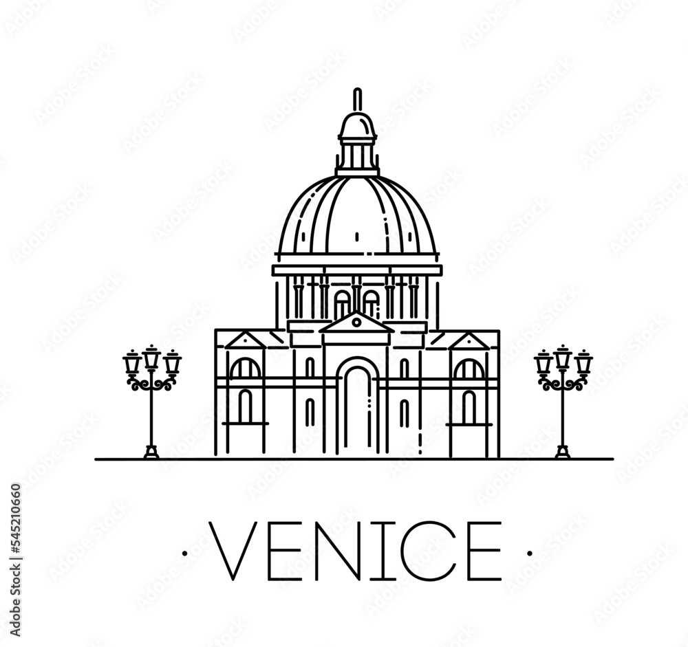 Vector line illustration of Santa Maria della Salute. Saint Mary of Health, Venice, Italy