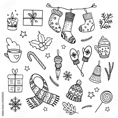 Winter hygge items outline illustrations set. Christmas warm cosy home celebration cartoon coloring book drawings. Gifts and candles, candy canes colorful collection Isolated