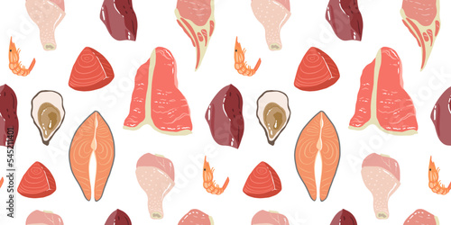 Meat cuts seamless pattern background. Fresh pork chop, beef, ham, chicken, turkey leg and fish fillet, oysters, tuna and shrimp. Food background for butchery shop design