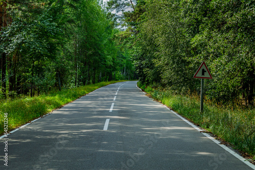 Two-lane asphalt road with white markings in the forest. Asphalt pavement. Road white markings. Place for car traffic. Forest trees. Autotourism and travel. Highway turn. The beauty.