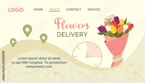 Fowers delivery. Floristic service, decoration and ordering flower composition. Bunch of blooming tulips with wish, watch, location icon. Vector flat illustration for gift, online order