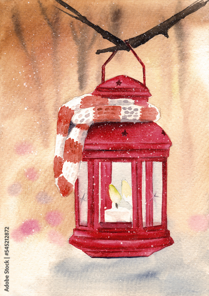 Watercolor illustration of a red Christmas lantern with a candle inside ...