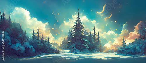 christmas decorated green spruce trees in winter forest  Abstract fantasy festive christmas tree background header wallpaper  winter abstract landscape. Sunlight in the winter forest.