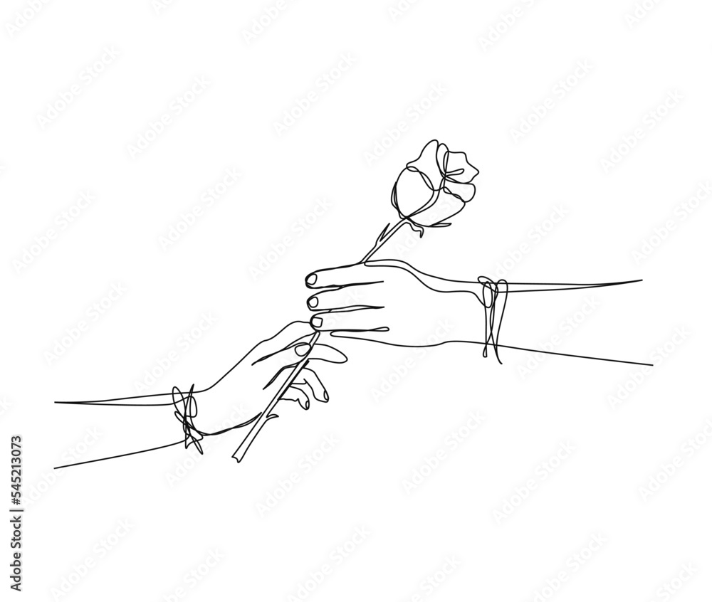 Continuous line drawing of hand holding rose. hand giving rose flowerto