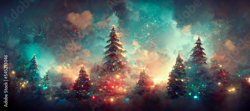 christmas decorated green spruce trees in winter forest, Abstract fantasy festive christmas tree background header wallpaper, winter abstract landscape. Sunlight in the winter forest.