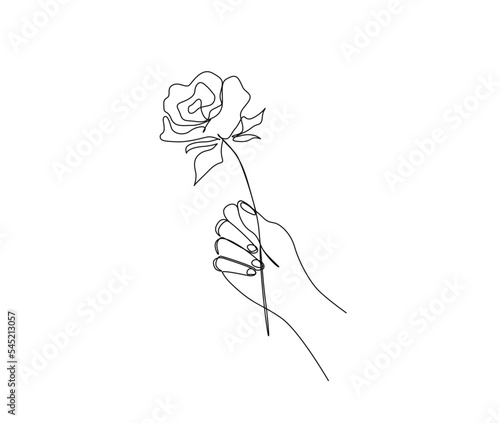 Continuous line drawing of hand holding rose. Beautiful rose flower simple line art with active stroke.