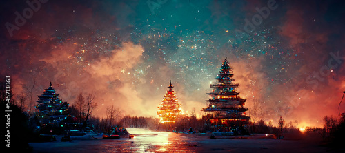 Abstract fantasy festive christmas tree background header wallpaper, winter abstract landscape. Christmas scene. Banner header. Digital art.
