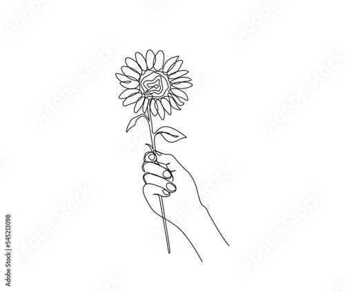 Continuous line drawing of hand holding sunflower. sunflower simple line art with active stroke.  Florist concept.