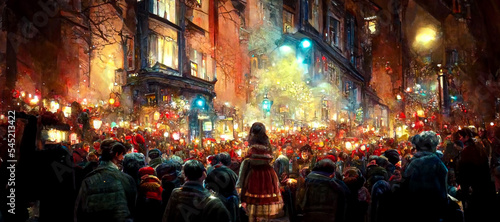 View of night crowded christmas in european town street, winter abstract landscape. Christmas scene. Banner header. Digital art.