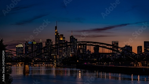 Beautiful shot of Osthafenbrucke bridge during the evening in Frankfurt, Germany