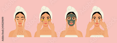 Vector flat cartoon illustration of a beautiful woman doing her skincare in the bathroom. Face cleansing, golden eye patches, mask, and cream application. 
