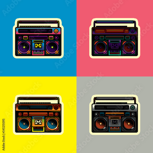 Original vector illustration in vintage style. Boombox. Retro icons portable stereo cassette recorder. T-shirt design.