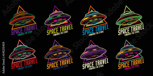 Original vector collection in vintage style. A flying saucer on the background of a text composition. T-shirt design. A design element.