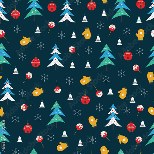 Allover Xmas seamless surface pattern. Aesthetic arrangements of holly jolly Christmas ornaments. Christmassy texture background
